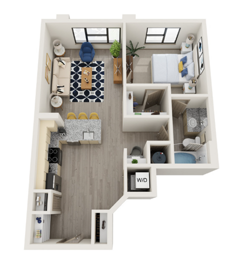 A 3D floor plan of a small apartment with a living room, kitchen, and bedroom.